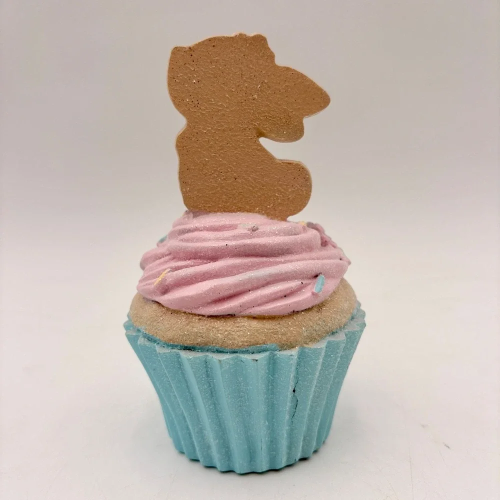 Easter Bunny Rabbit Cupcake Figure Pink Frosting Blue Liner Glitter Spring Decor